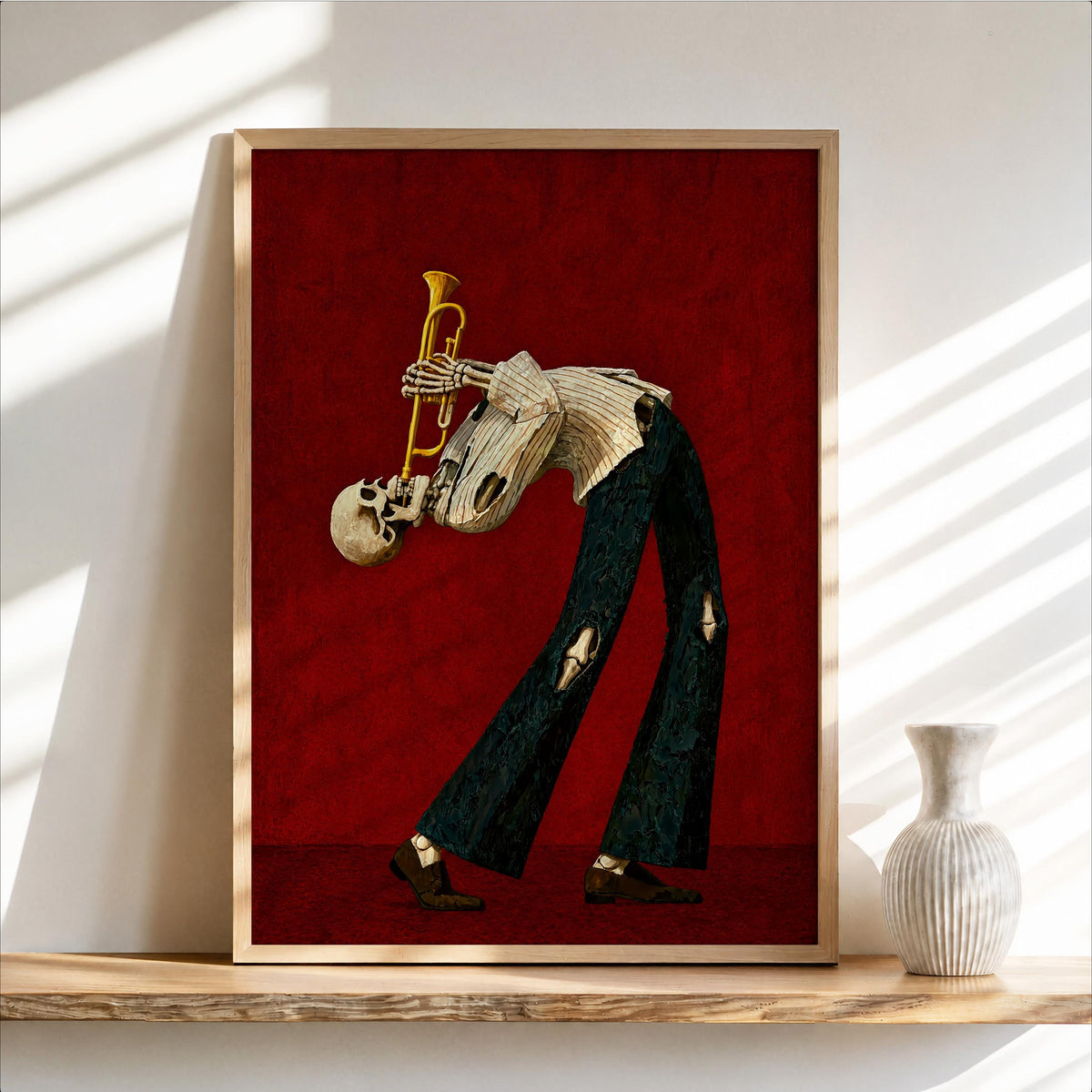 Skeleton Trumpet Player Wall Art, Halloween Jazz Musician Painting, Gothic Dark Academia Music Print, Spooky Season Band Gift