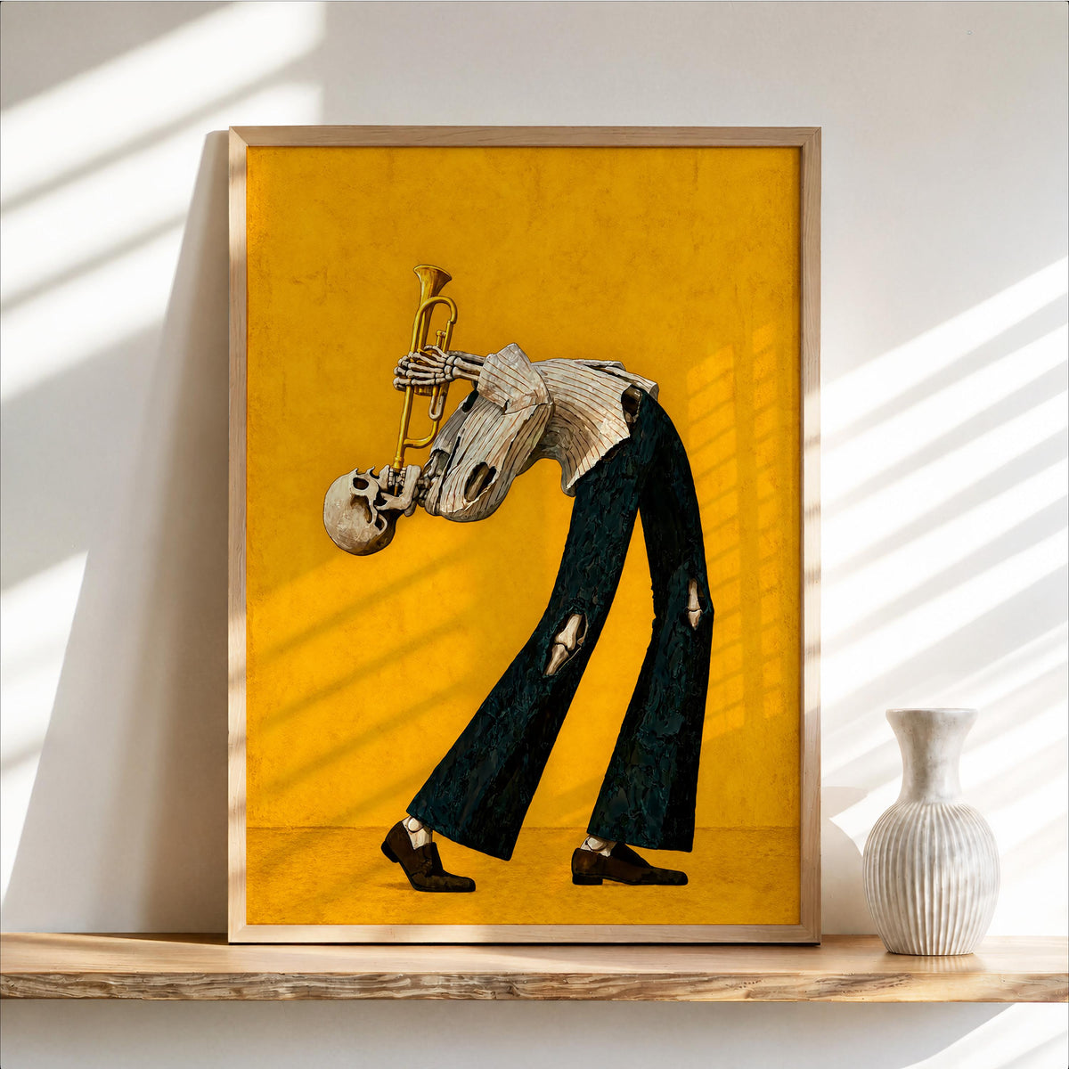 Skeleton Trumpet Player Wall Art, Halloween Jazz Musician Painting, Gothic Dark Academia Music Print, Spooky Season Band Gift