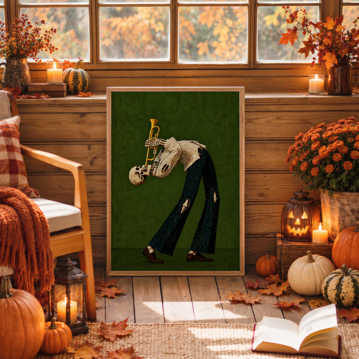 Skeleton Trumpet Player Wall Art, Halloween Jazz Musician Painting, Gothic Dark Academia Music Print, Spooky Season Band Gift