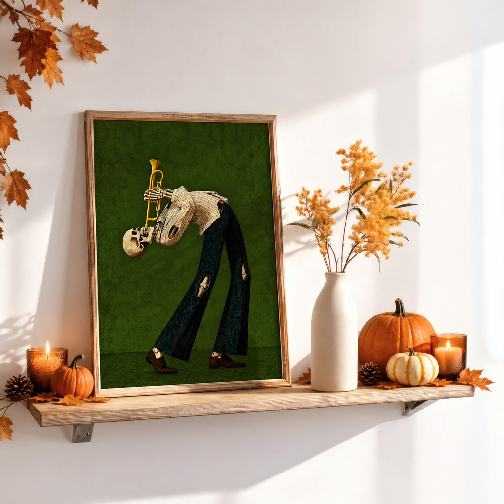 Skeleton Trumpet Player Wall Art, Halloween Jazz Musician Painting, Gothic Dark Academia Music Print, Spooky Season Band Gift