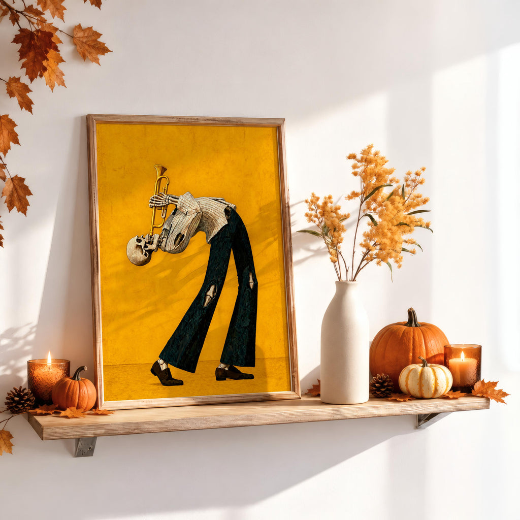 Skeleton Trumpet Player Wall Art, Halloween Jazz Musician Painting, Gothic Dark Academia Music Print, Spooky Season Band Gift