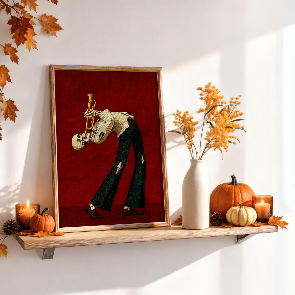 Skeleton Trumpet Player Wall Art, Halloween Jazz Musician Painting, Gothic Dark Academia Music Print, Spooky Season Band Gift
