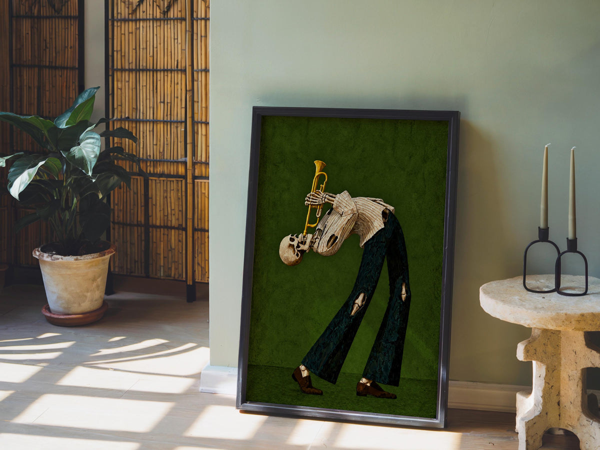 Skeleton Trumpet Player Wall Art, Halloween Jazz Musician Painting, Gothic Dark Academia Music Print, Spooky Season Band Gift