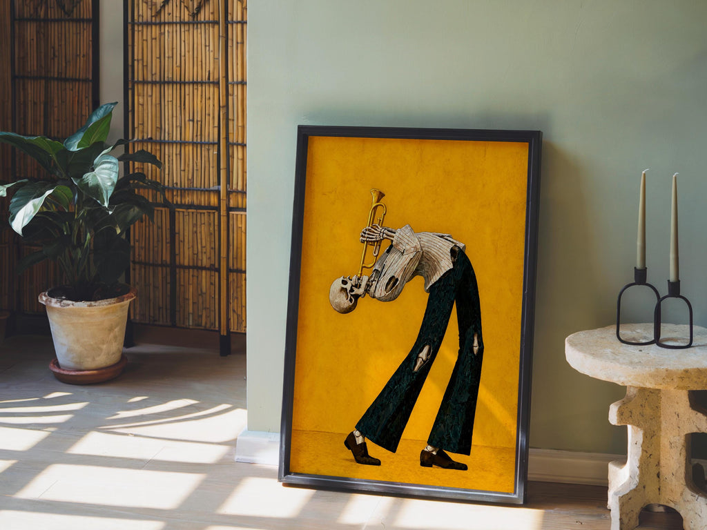 Skeleton Trumpet Player Wall Art, Halloween Jazz Musician Painting, Gothic Dark Academia Music Print, Spooky Season Band Gift
