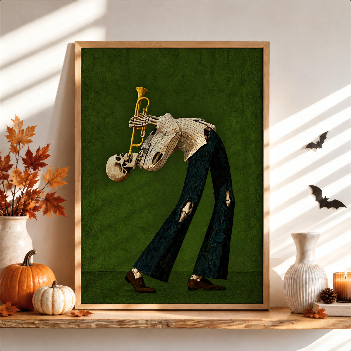 Skeleton Trumpet Player Wall Art, Halloween Jazz Musician Painting, Gothic Dark Academia Music Print, Spooky Season Band Gift