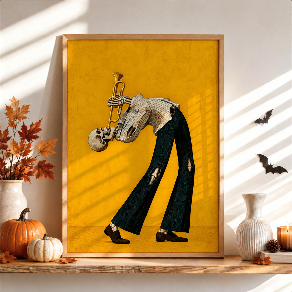 Skeleton Trumpet Player Wall Art, Halloween Jazz Musician Painting, Gothic Dark Academia Music Print, Spooky Season Band Gift