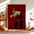 Skeleton Trumpet Player Wall Art, Halloween Jazz Musician Painting, Gothic Dark Academia Music Print, Spooky Season Band Gift