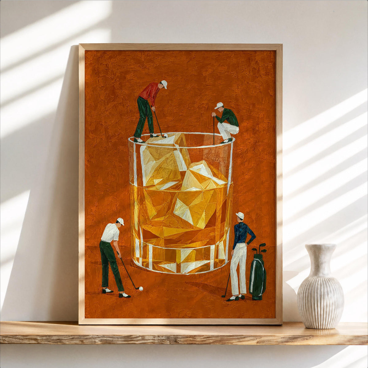 Whiskey Golf Print, Tiny Golfers on a Cocktail Glass, Country Club Bar Decor, Funny Bourbon Golfer Gift, Retro Drinking Poster