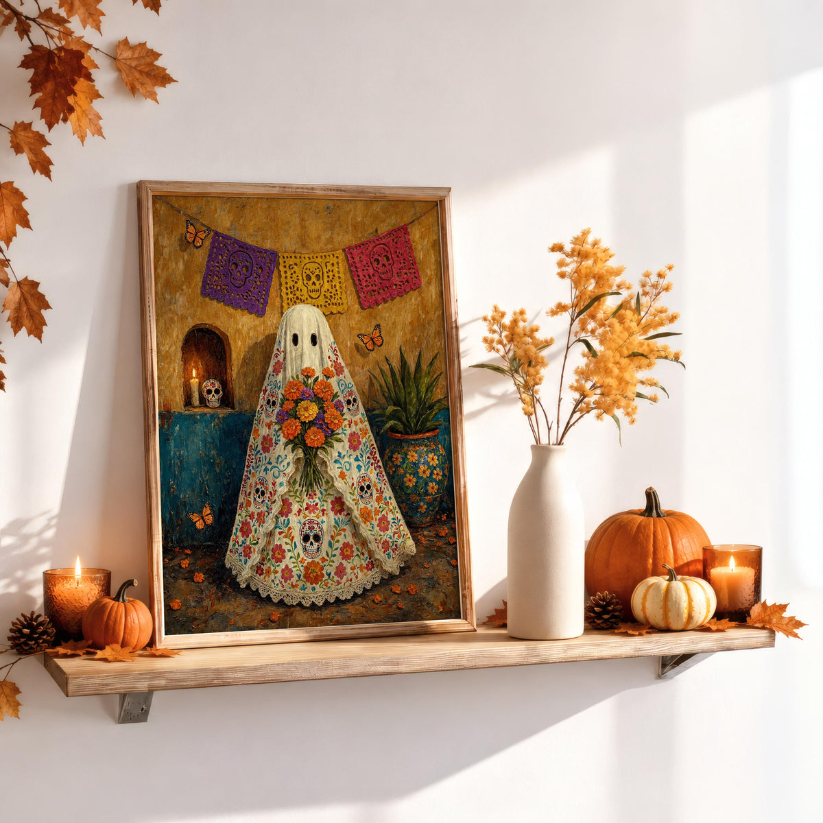 Mexican Folk Art Ghost Print, Halloween Sugar Skull Dia de los Muertos Painting, Papel Picado Mexico Wall Art