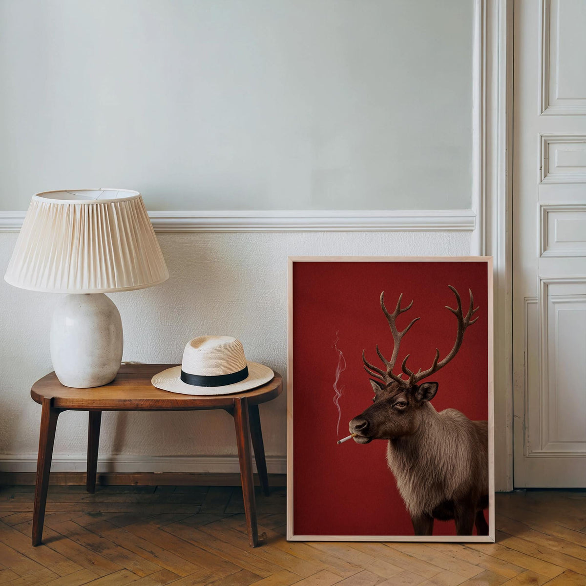 Smoking Reindeer Portrait Wall Art, Funny Christmas Print, Rudolp Santa Poster, Funny Animal Bar Cart Decor