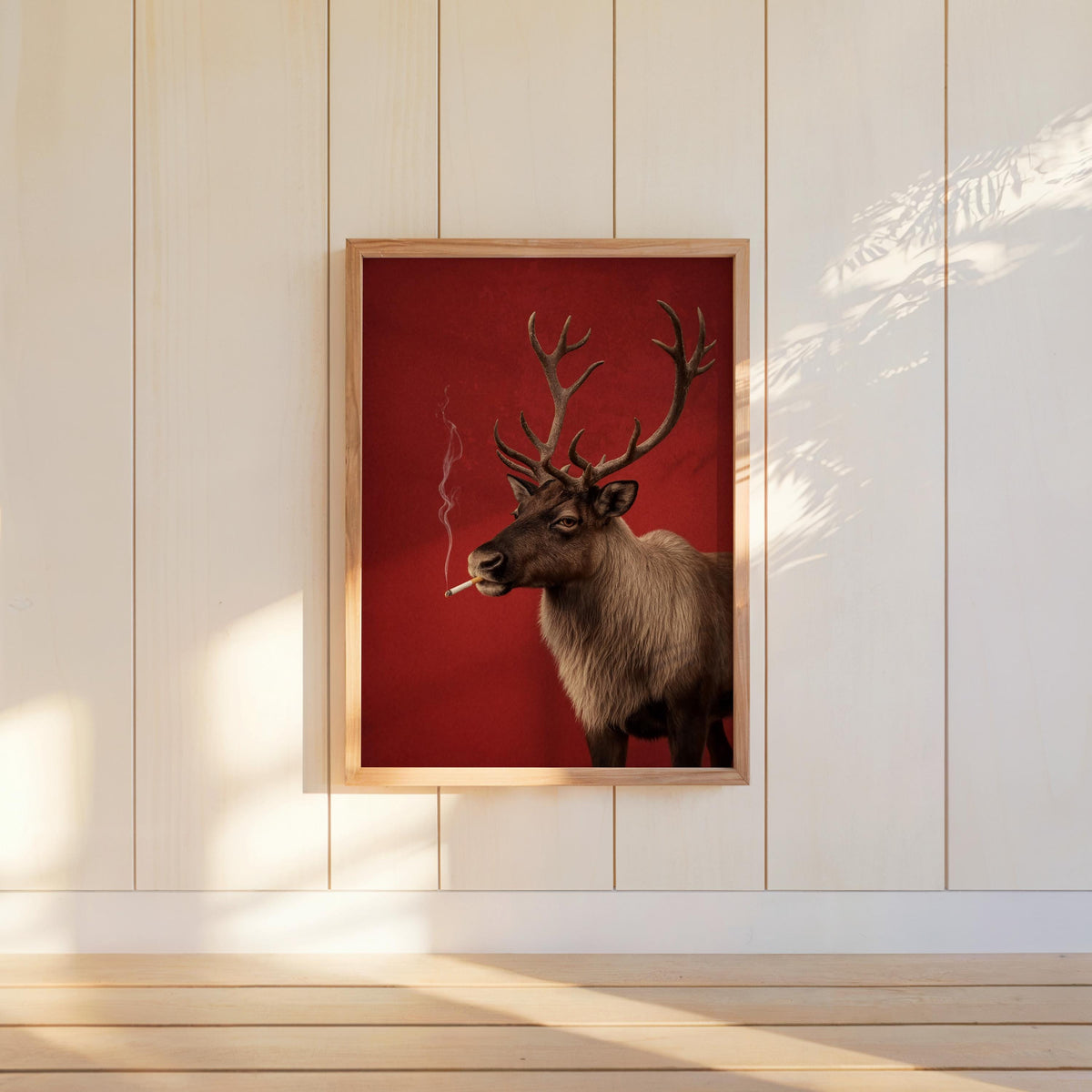 Smoking Reindeer Portrait Wall Art, Funny Christmas Print, Rudolp Santa Poster, Funny Animal Bar Cart Decor