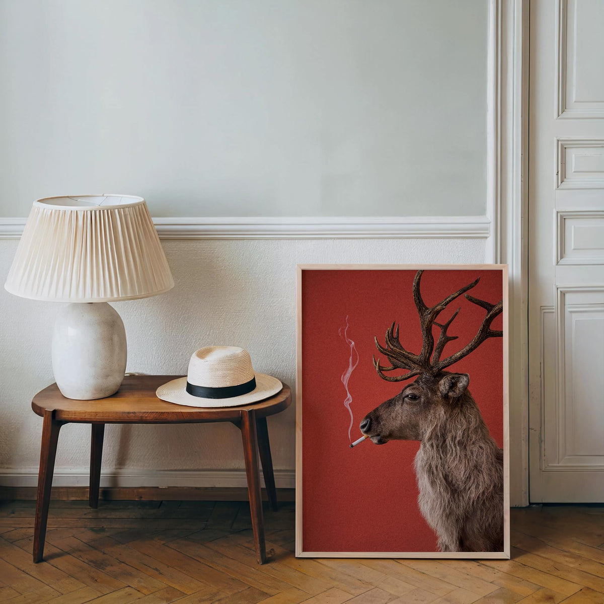 Reindeer Smoking Cigarette Print, Funny Christmas Wall Art, Rudolp Santa Claus Animal Poster, Quirky Xmas Bar Decor, Winter Cabin Gift