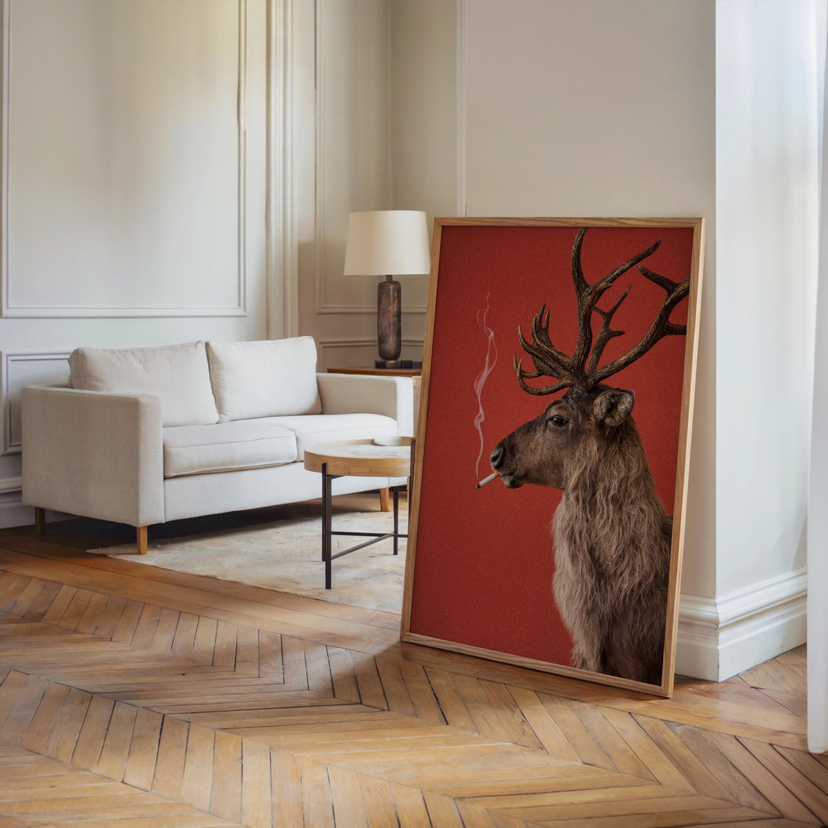 Reindeer Smoking Cigarette Print, Funny Christmas Wall Art, Rudolp Santa Claus Animal Poster, Quirky Xmas Bar Decor, Winter Cabin Gift