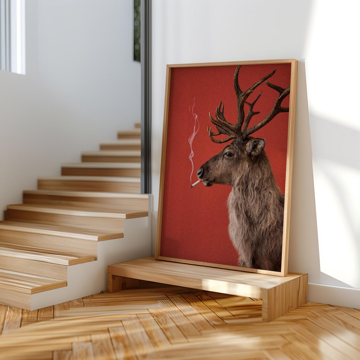 Reindeer Smoking Cigarette Print, Funny Christmas Wall Art, Rudolp Santa Claus Animal Poster, Quirky Xmas Bar Decor, Winter Cabin Gift