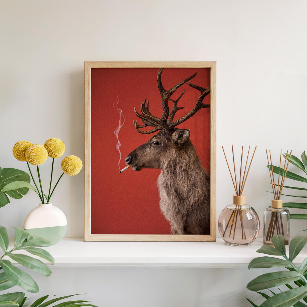 Reindeer Smoking Cigarette Print, Funny Christmas Wall Art, Rudolp Santa Claus Animal Poster, Quirky Xmas Bar Decor, Winter Cabin Gift