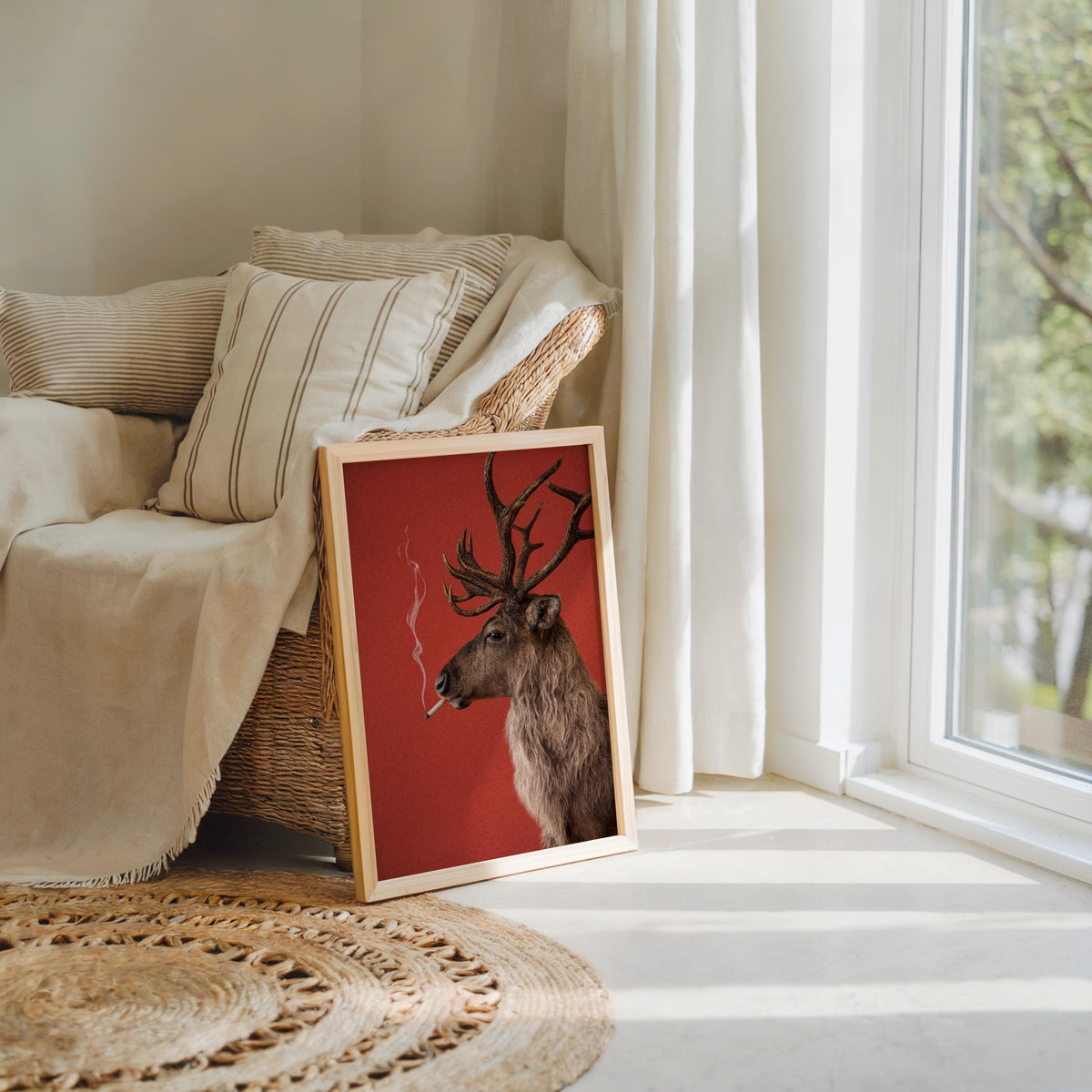 Reindeer Smoking Cigarette Print, Funny Christmas Wall Art, Rudolp Santa Claus Animal Poster, Quirky Xmas Bar Decor, Winter Cabin Gift