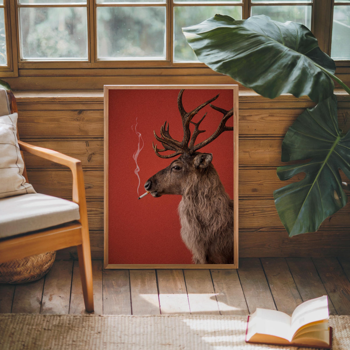 Reindeer Smoking Cigarette Print, Funny Christmas Wall Art, Rudolp Santa Claus Animal Poster, Quirky Xmas Bar Decor, Winter Cabin Gift