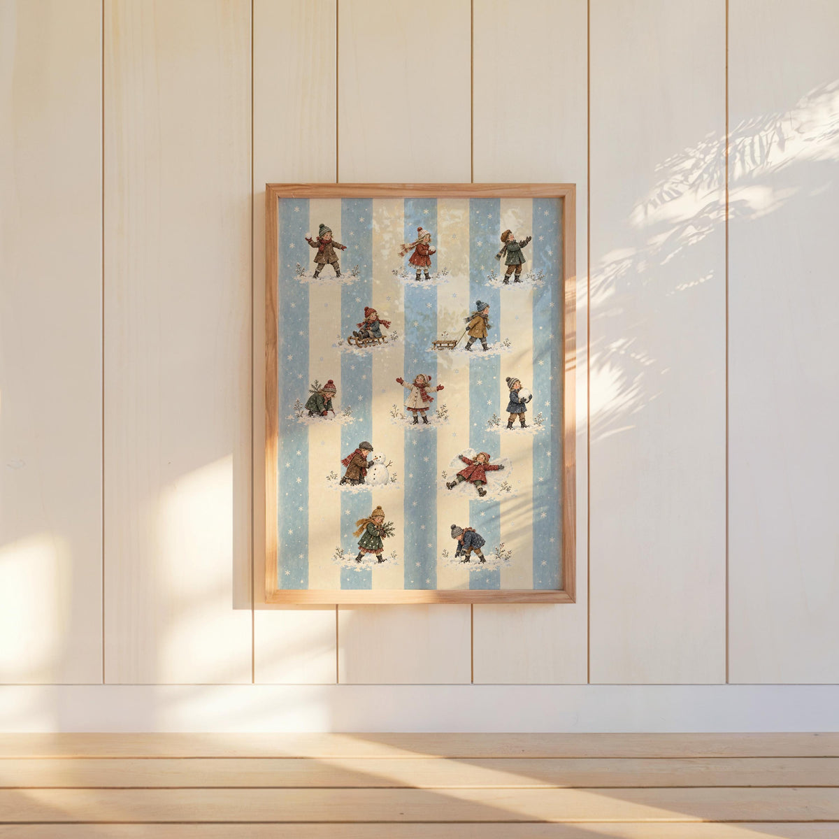 Vintage Winter Children Parade, Christmas Snowball Fight Wall Art, Blue Stripe Nursery Decor, Xmas Retro Gift, Victorian Wallpaper Pattern