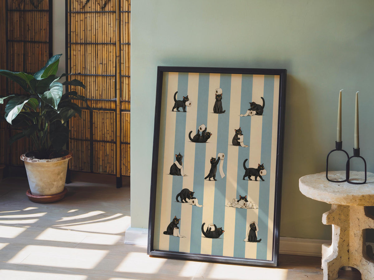 Cat Bathroom Print, Funny Toilet Paper Cats, Vintage Striped Animal Wall Art, Quirky Restroom Decor