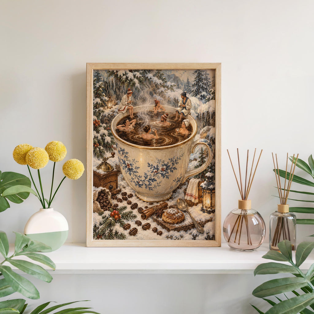 Christmas Coffee Mug & Tiny People Print, Cozy Winter Bar Wall Art, Antique Holiday Illustration, Festive Cabin Decor, Coffee Lover Gift