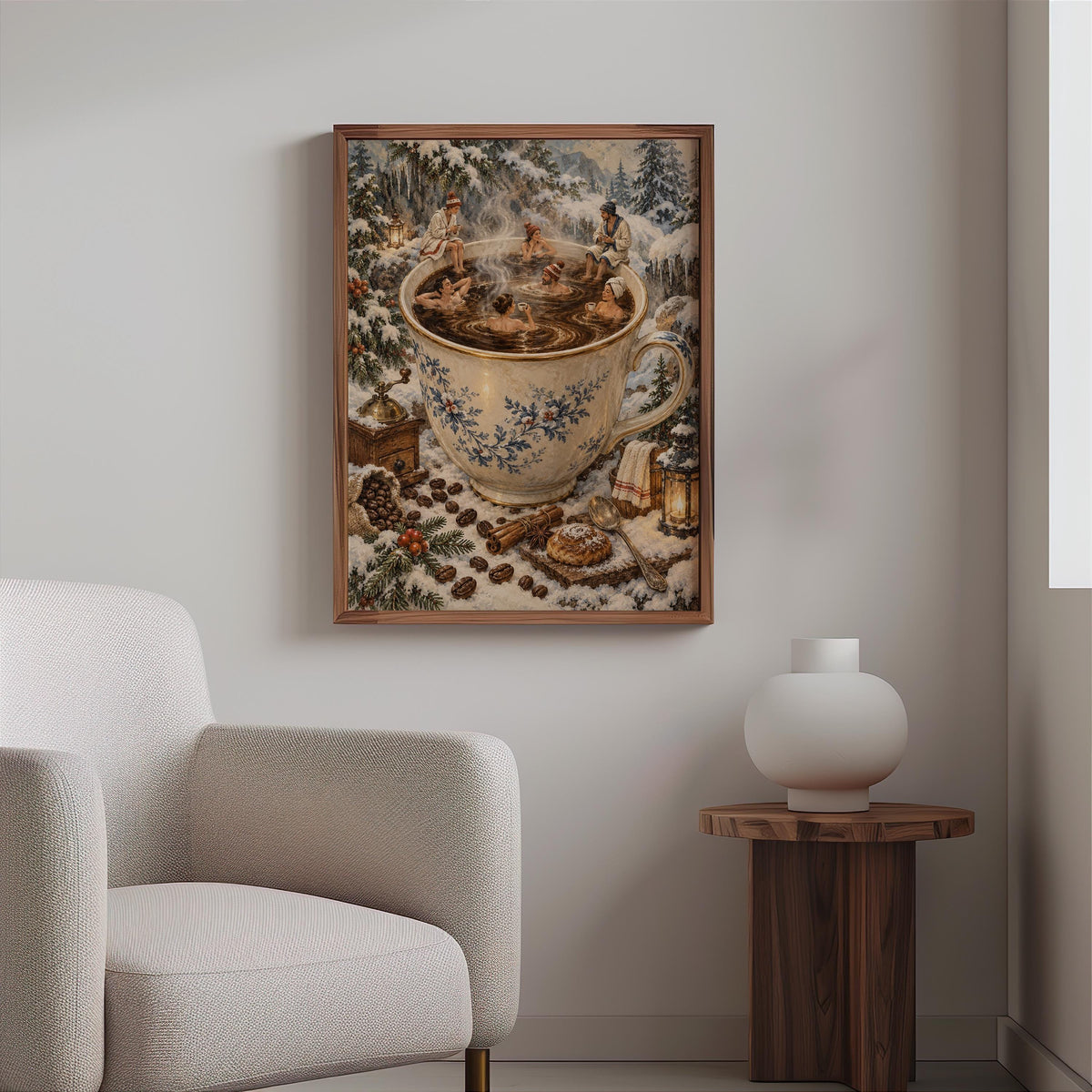 Christmas Coffee Mug & Tiny People Print, Cozy Winter Bar Wall Art, Antique Holiday Illustration, Festive Cabin Decor, Coffee Lover Gift