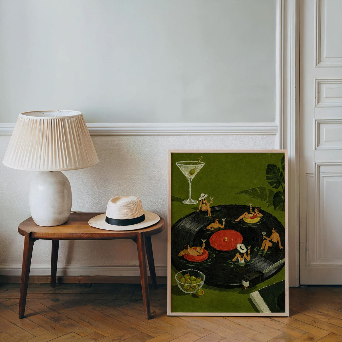 Tiny People on Vinyl Record Wall Art, Martini Cocktail Party Illustration, Record Collector Gift, Stylish Bar Cart Decor, Surreal Poster