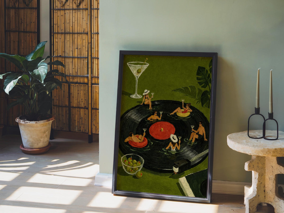 Tiny People on Vinyl Record Wall Art, Martini Cocktail Party Illustration, Record Collector Gift, Stylish Bar Cart Decor, Surreal Poster