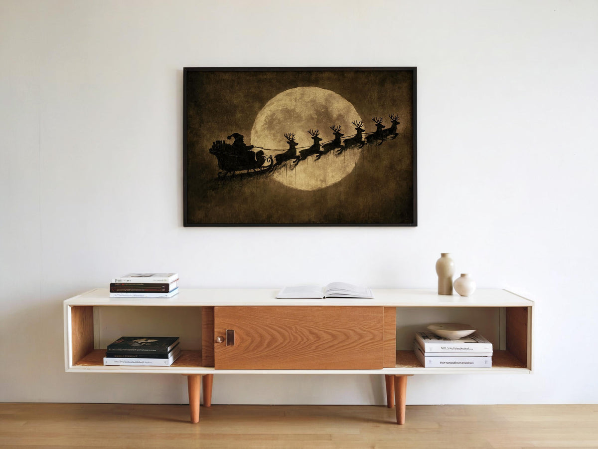 Vintage Santa Sleigh Print, Reindeer Flying Over Full Moon, Rustic Christmas Wall Art, Antique Holiday Decor, Moody Dark Winter Poster