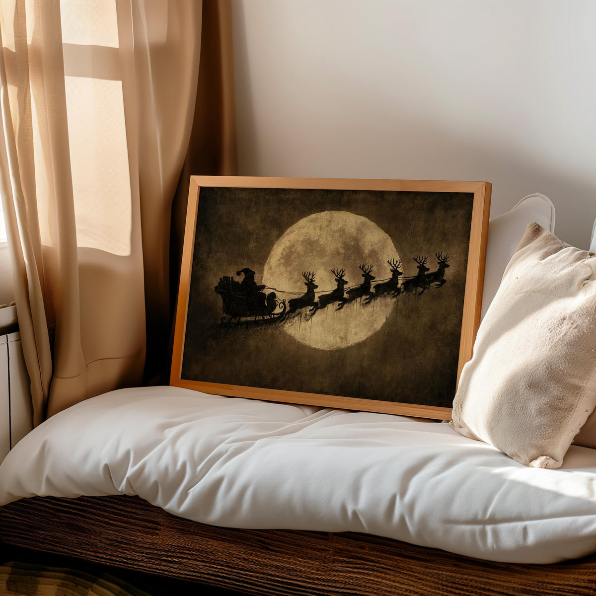 Vintage Santa Sleigh Print, Reindeer Flying Over Full Moon, Rustic Christmas Wall Art, Antique Holiday Decor, Moody Dark Winter Poster
