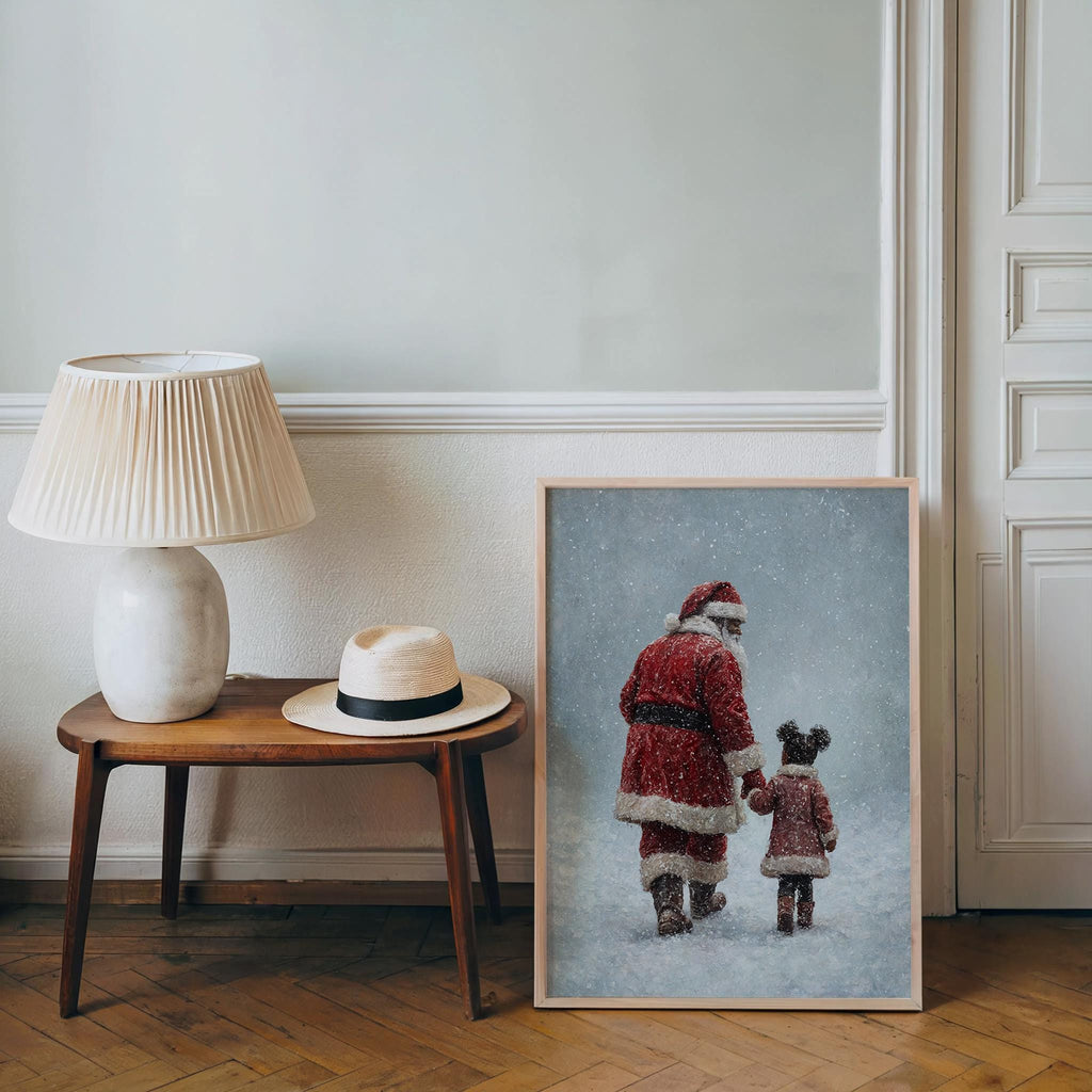 Black Santa Claus & Child Christmas Print, Vintage Winter Wall Art, Snowy Holiday, Cozy African American Decor, Classic Afrocentric Poster