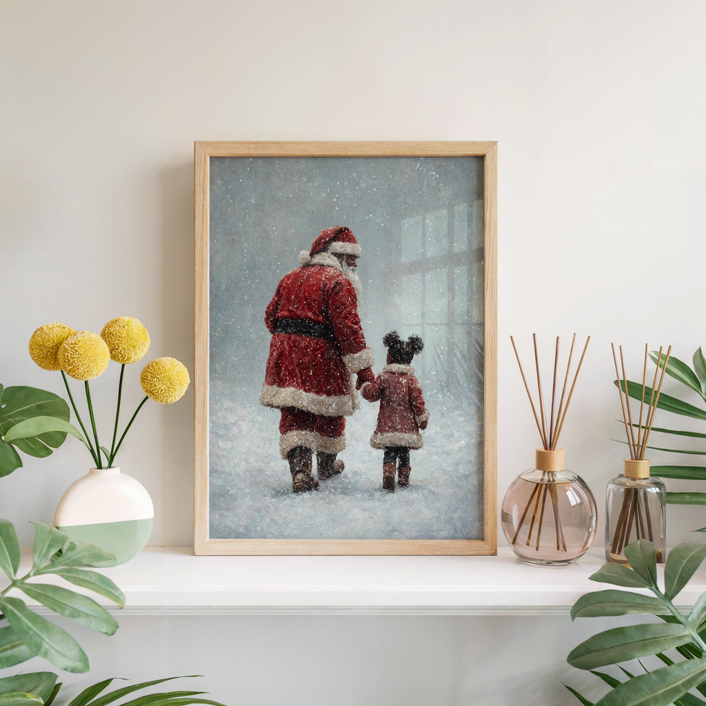 Black Santa Claus & Child Christmas Print, Vintage Winter Wall Art, Snowy Holiday, Cozy African American Decor, Classic Afrocentric Poster
