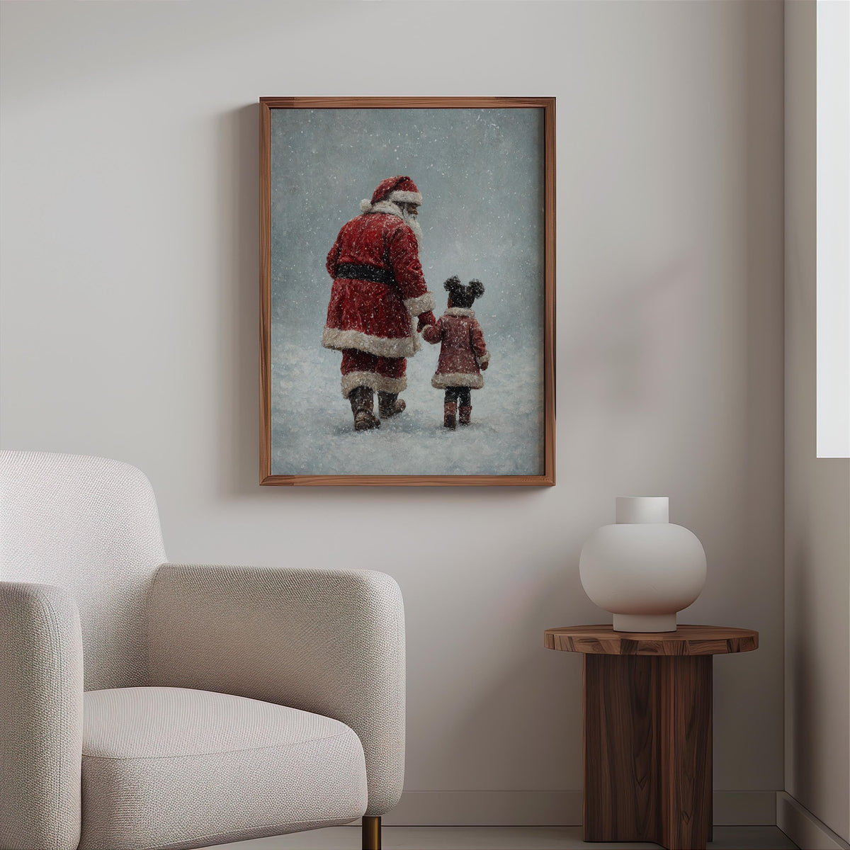 Black Santa Claus & Child Christmas Print, Vintage Winter Wall Art, Snowy Holiday, Cozy African American Decor, Classic Afrocentric Poster