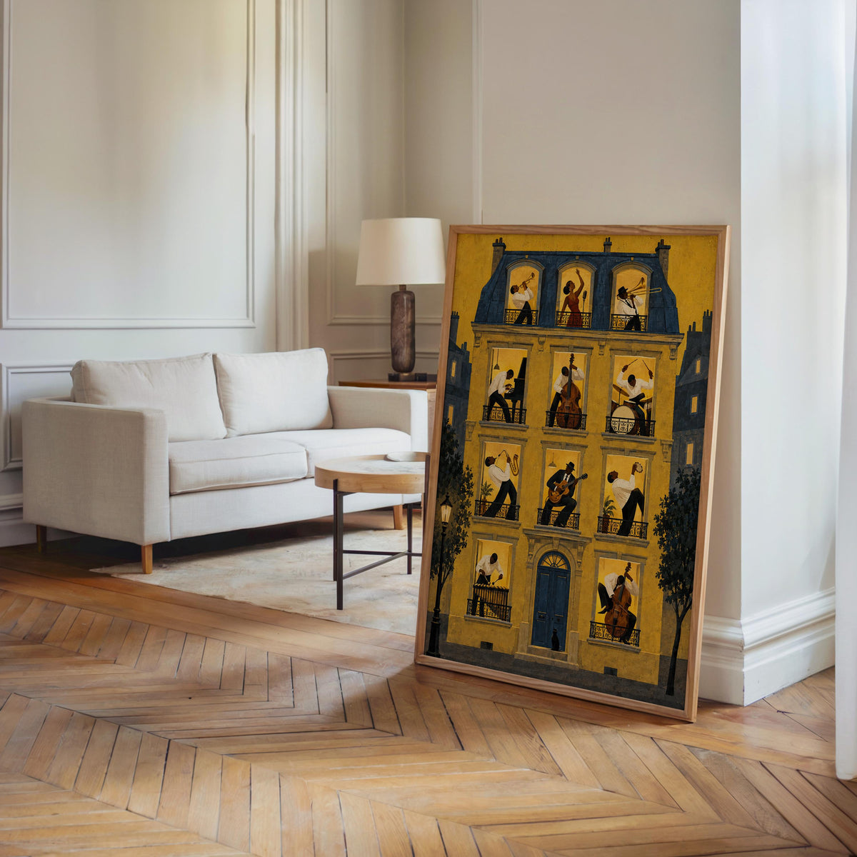 Jazz Music House Print, Black Musicians in Windows Wall Art, Afrocentric Soul Decor, French European Street, Trumpet Piano Guitar & Drums
