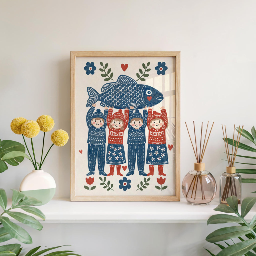Folk Fish Art Poster, Scandinavian Design, Coastal Kitchen Decor, Nordic Seafood Gift, Blue Ocean Illustration, Scandi Dining Room Print