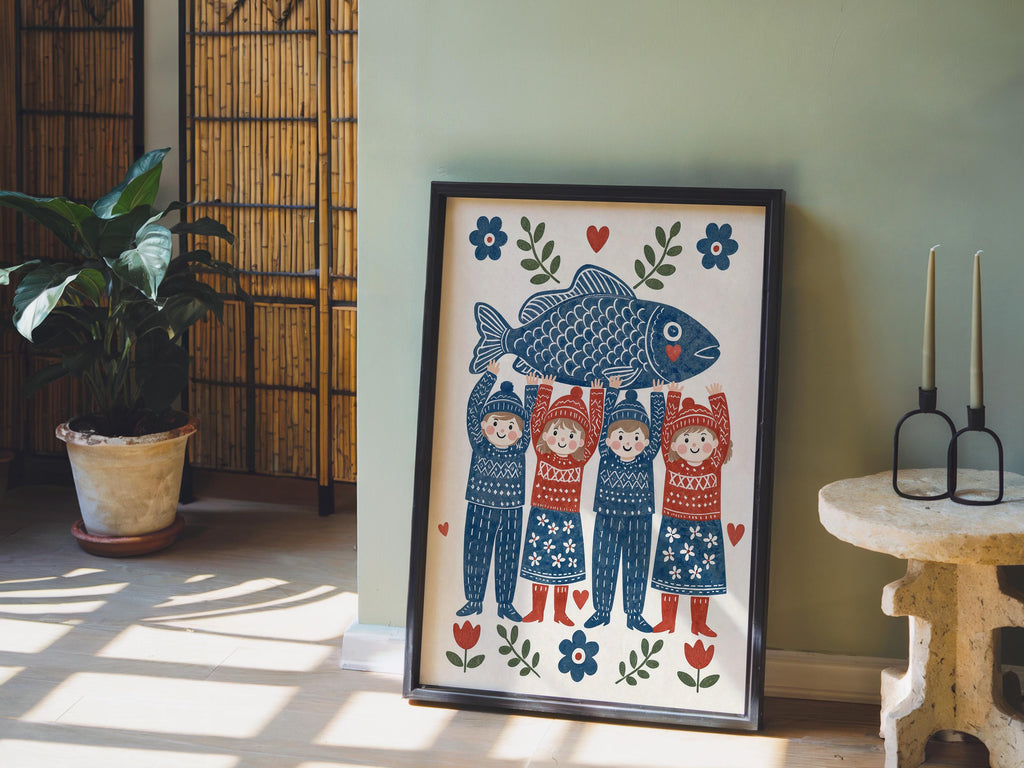 Folk Fish Art Poster, Scandinavian Design, Coastal Kitchen Decor, Nordic Seafood Gift, Blue Ocean Illustration, Scandi Dining Room Print