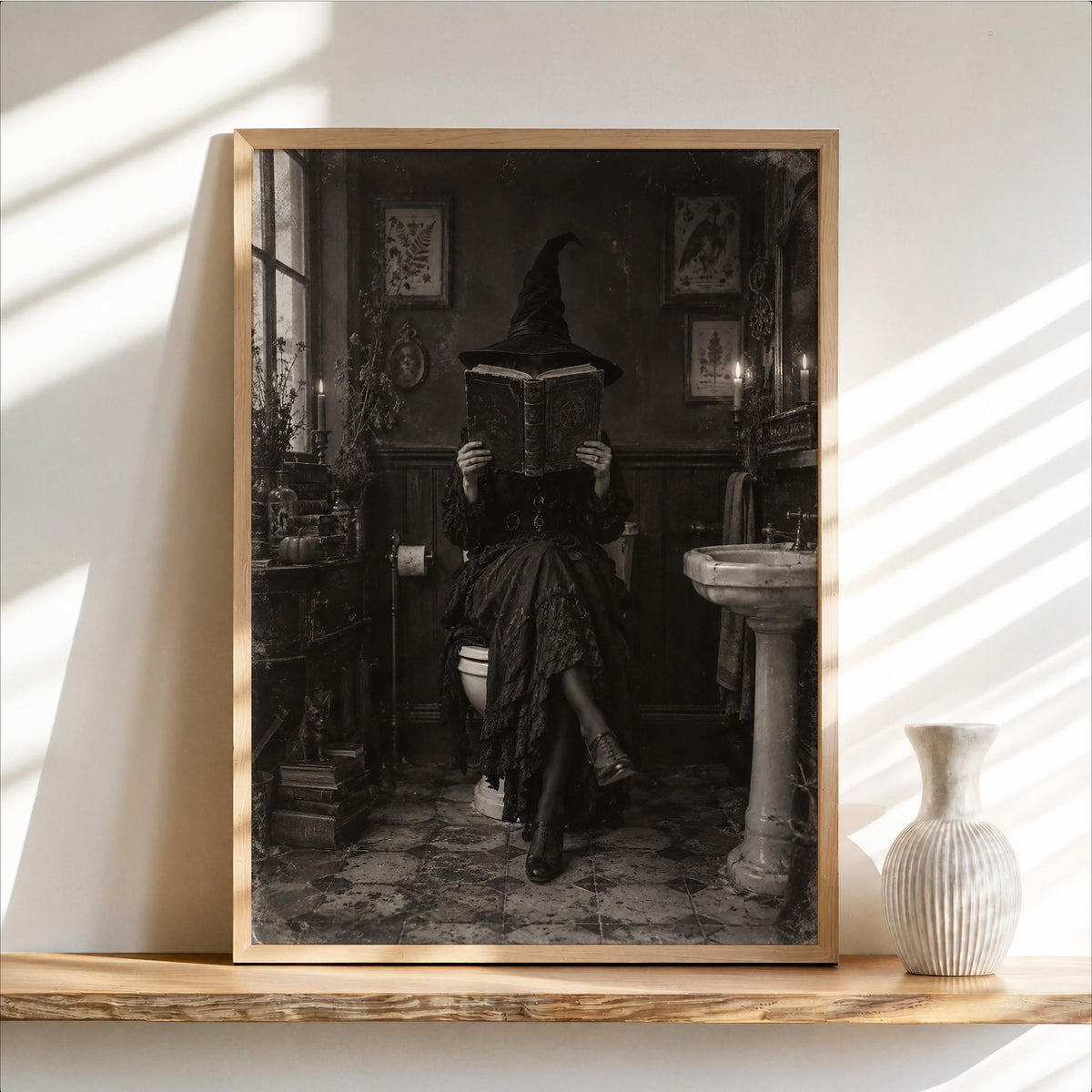 Halloween Witch Reading on Toilet Print, Funny Witchy Bookish Wall Art, Gothic Spooky Bathroom Poster, Antique Black White Book Lover Decor