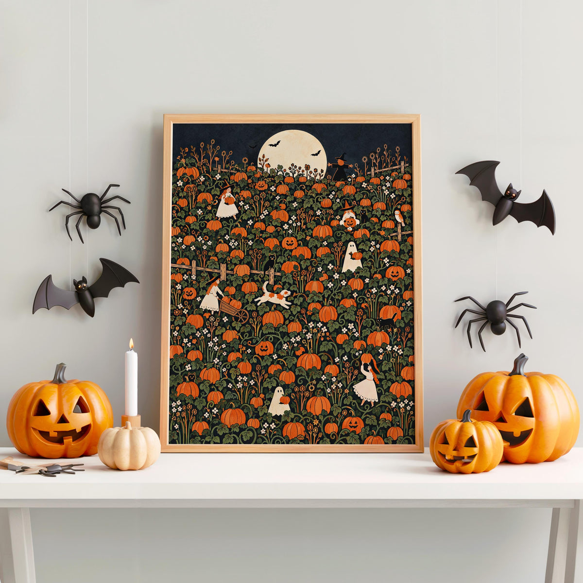 Pumpkin Patch Halloween Harvest Print, Whimsical Ghost Wall Art, Autumn Fall Poster, Folk Illustration, Spooky Season Gift, Kids Room Decor