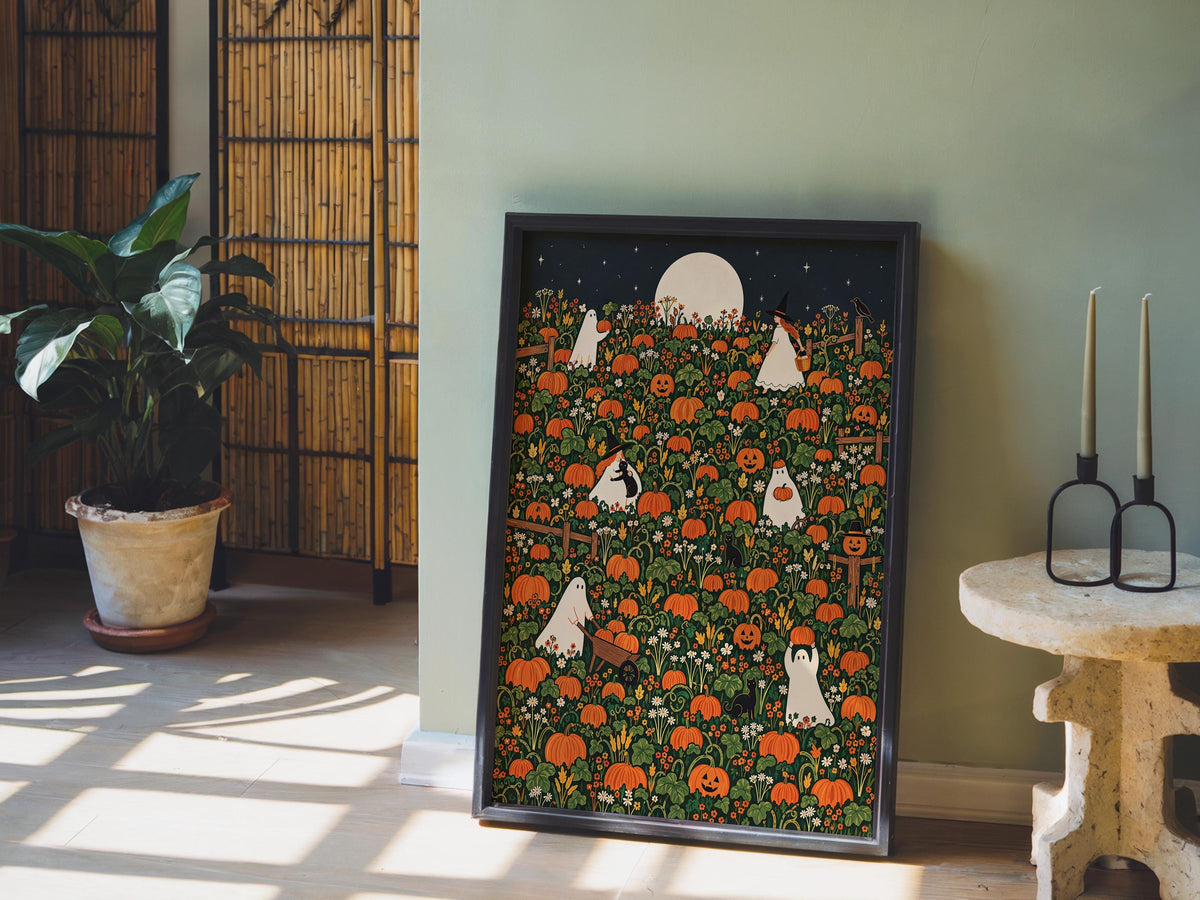 Halloween Pumpkin Patch Wall Art, Whimsical Autumn Harvest Poster, Moonlit Fall Decor, Ghost, Witch, Cat Pumpkin Lover Gift