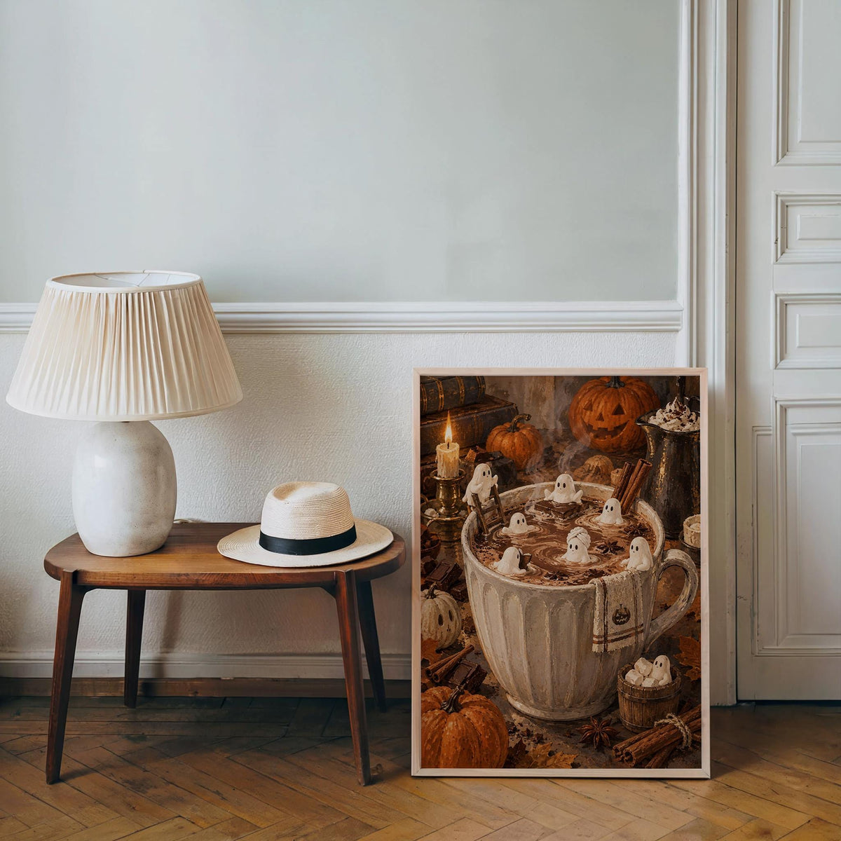 Halloween Hot Chocolate Wall Art, Tiny Marshmallow Ghosts Mug Print, Cozy Fall Decor, Whimsical Spooky Kitchen Poster, Miniature Autumn Gift