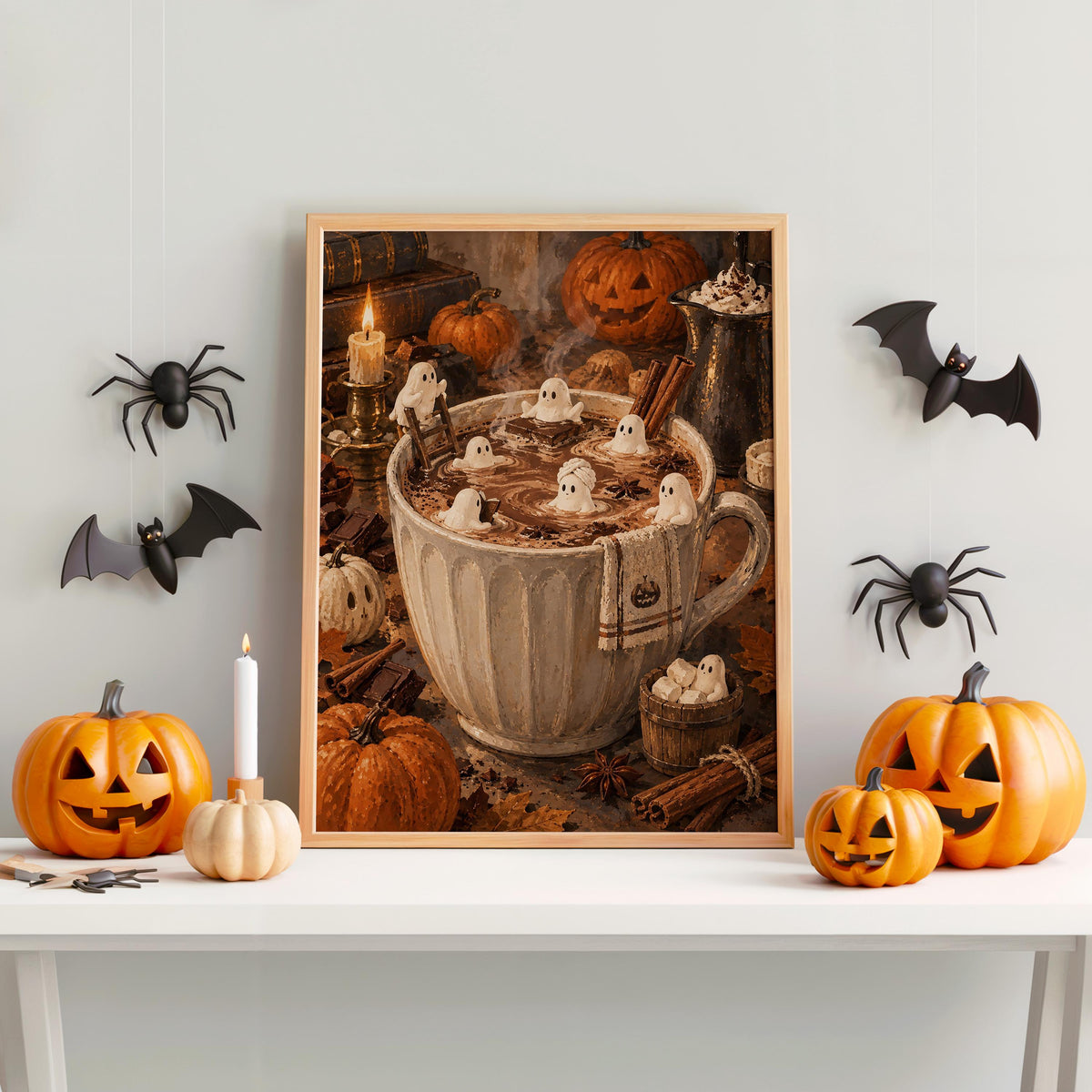 Halloween Hot Chocolate Wall Art, Tiny Marshmallow Ghosts Mug Print, Cozy Fall Decor, Whimsical Spooky Kitchen Poster, Miniature Autumn Gift