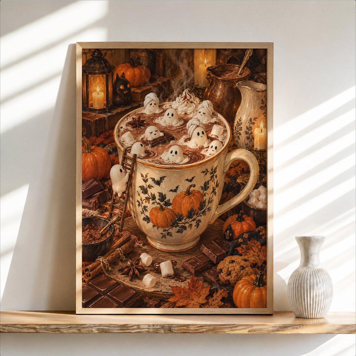 Framed Halloween tiny people print leaning on a shelf, warm brown and pumpkin orange cozy cocoa tones