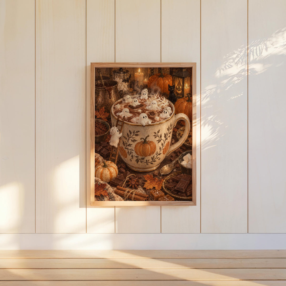 Vintage Halloween art print hung on white paneled wall, warm brown and cream antique storybook tones