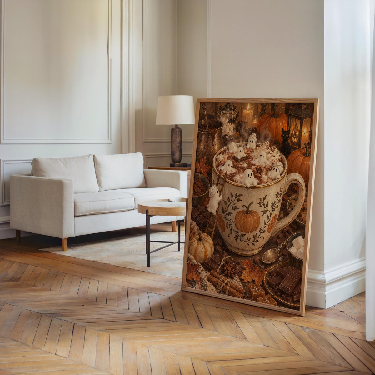 Hot cocoa wall print propped in a sunlit living room corner, couch nearby, antique storybook palette