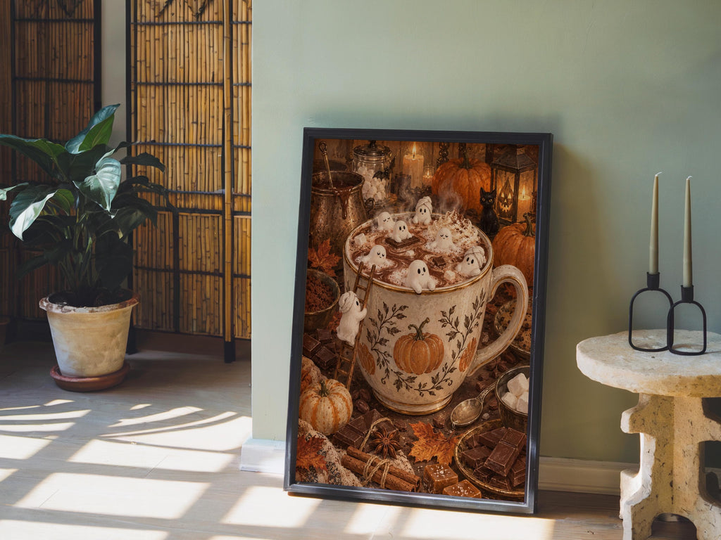 Hot cocoa wall print leaning against a green accent wall, potted plant and pottery, cozy Halloween poster