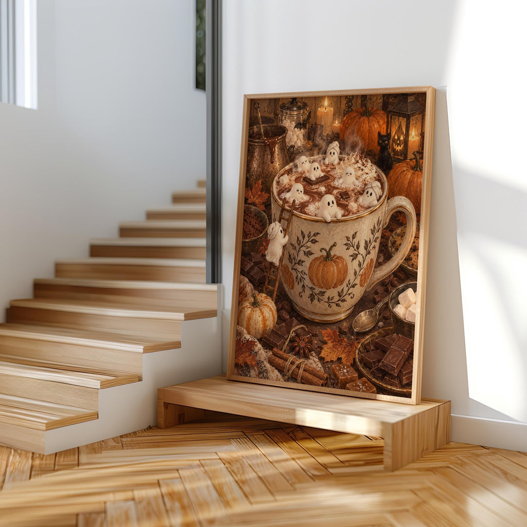 Halloween hot cocoa wall art leaned on a stair landing, layered light and shadow, whimsical ghost print accent
