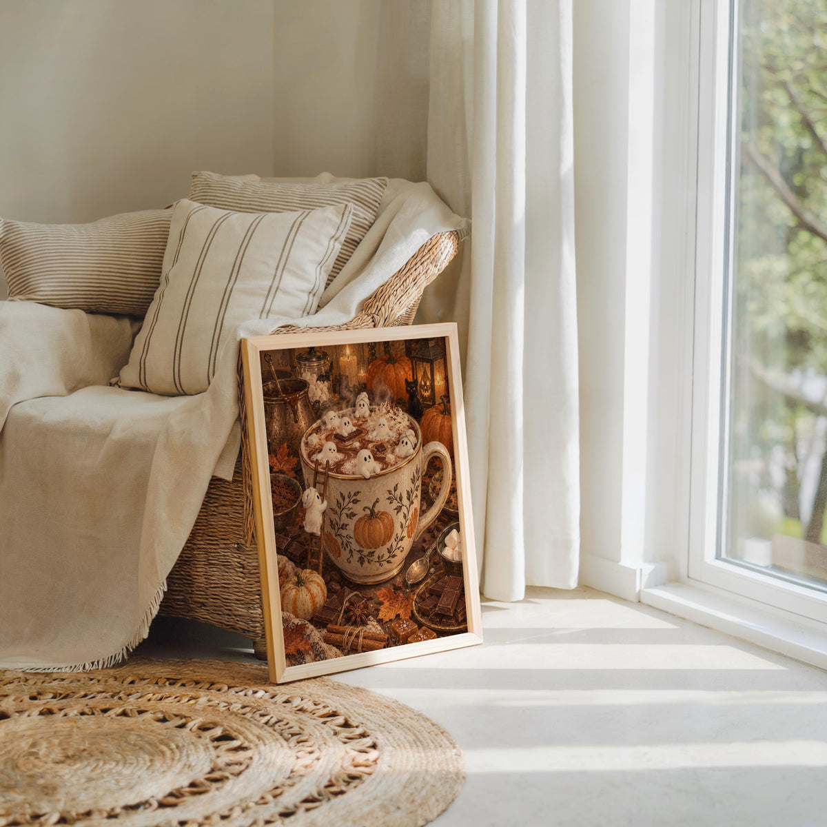 Cozy Halloween poster resting against a sofa by a woven rug and blanket, warm orange and brown tones