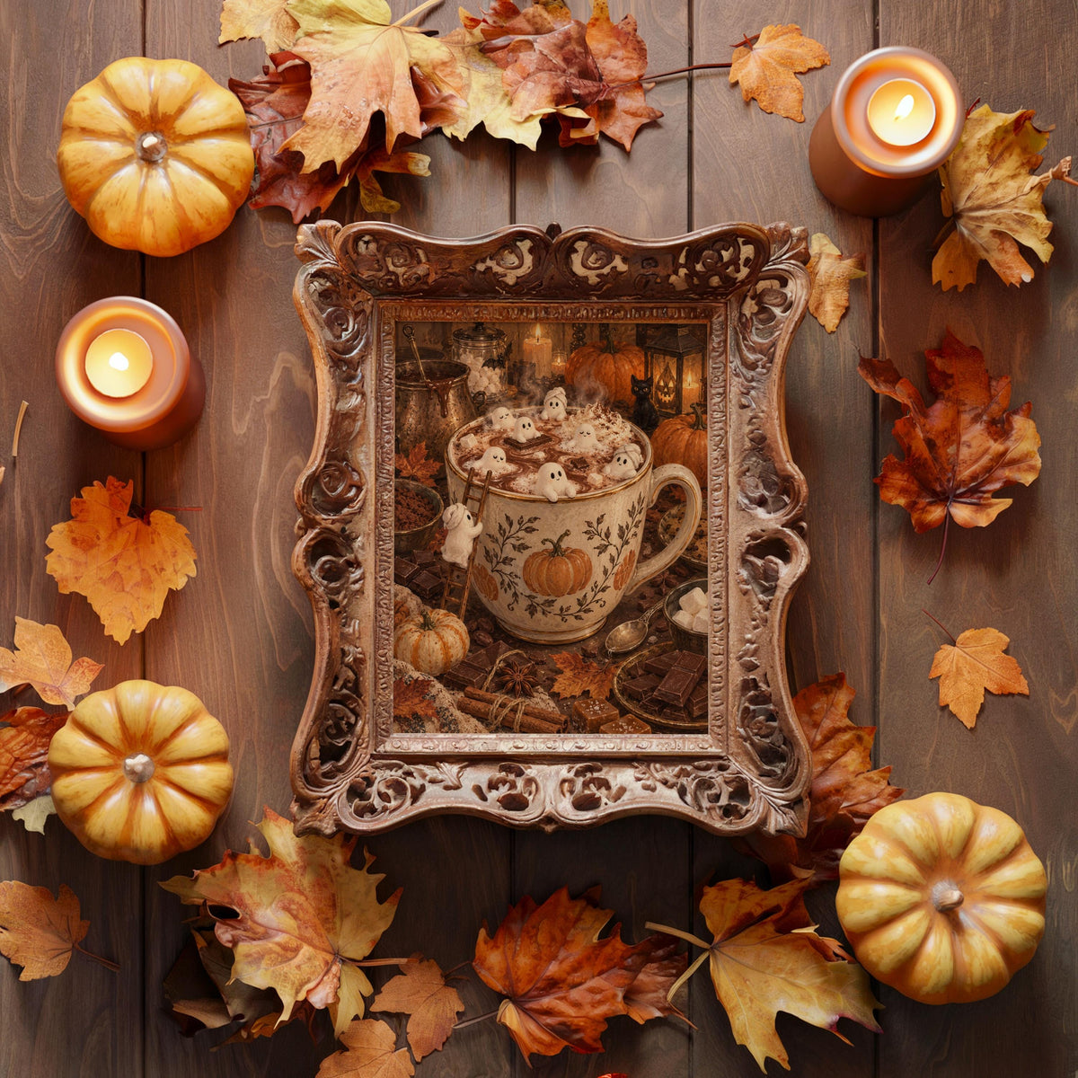 Ornate framed flatlay surrounded by autumn leaves, candles and mini pumpkins, warm vintage Halloween art print styling