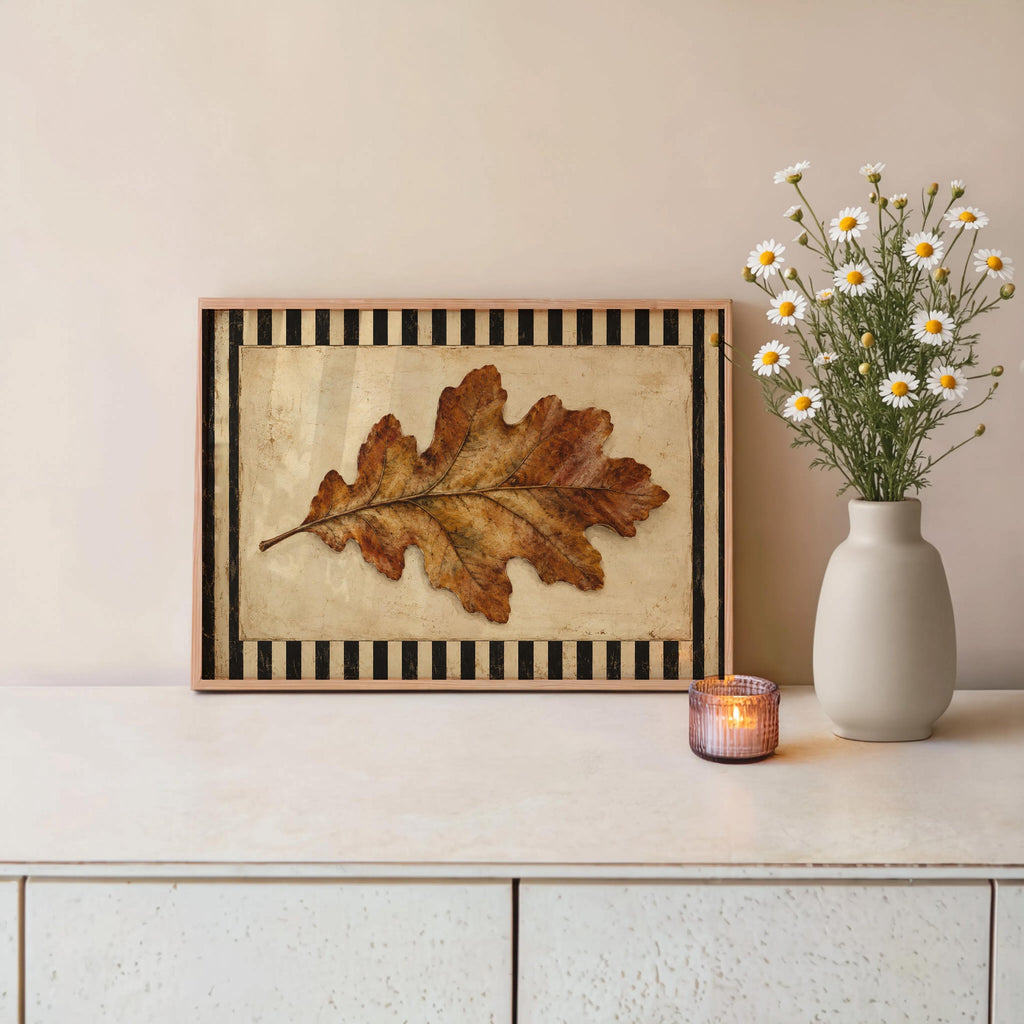 Autumn Oak Leaf Print, Rustic Retro Wall Art, Antique Botanical Poster, Black & White Striped Decor, Farmhouse Fall Gift