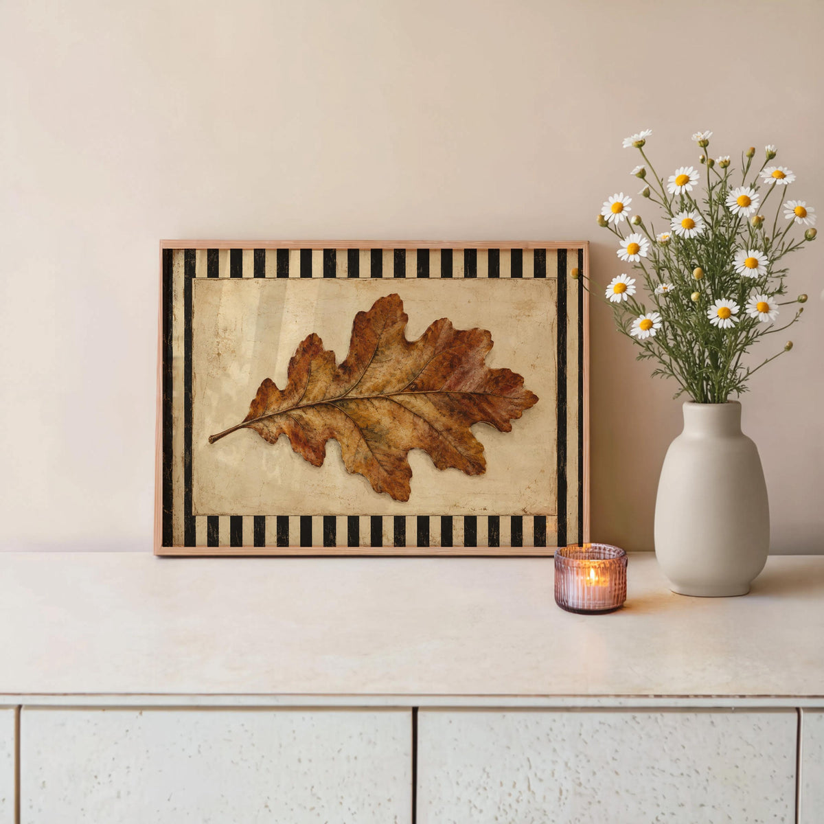 Autumn Oak Leaf Print, Rustic Retro Wall Art, Antique Botanical Poster, Black & White Striped Decor, Farmhouse Fall Gift