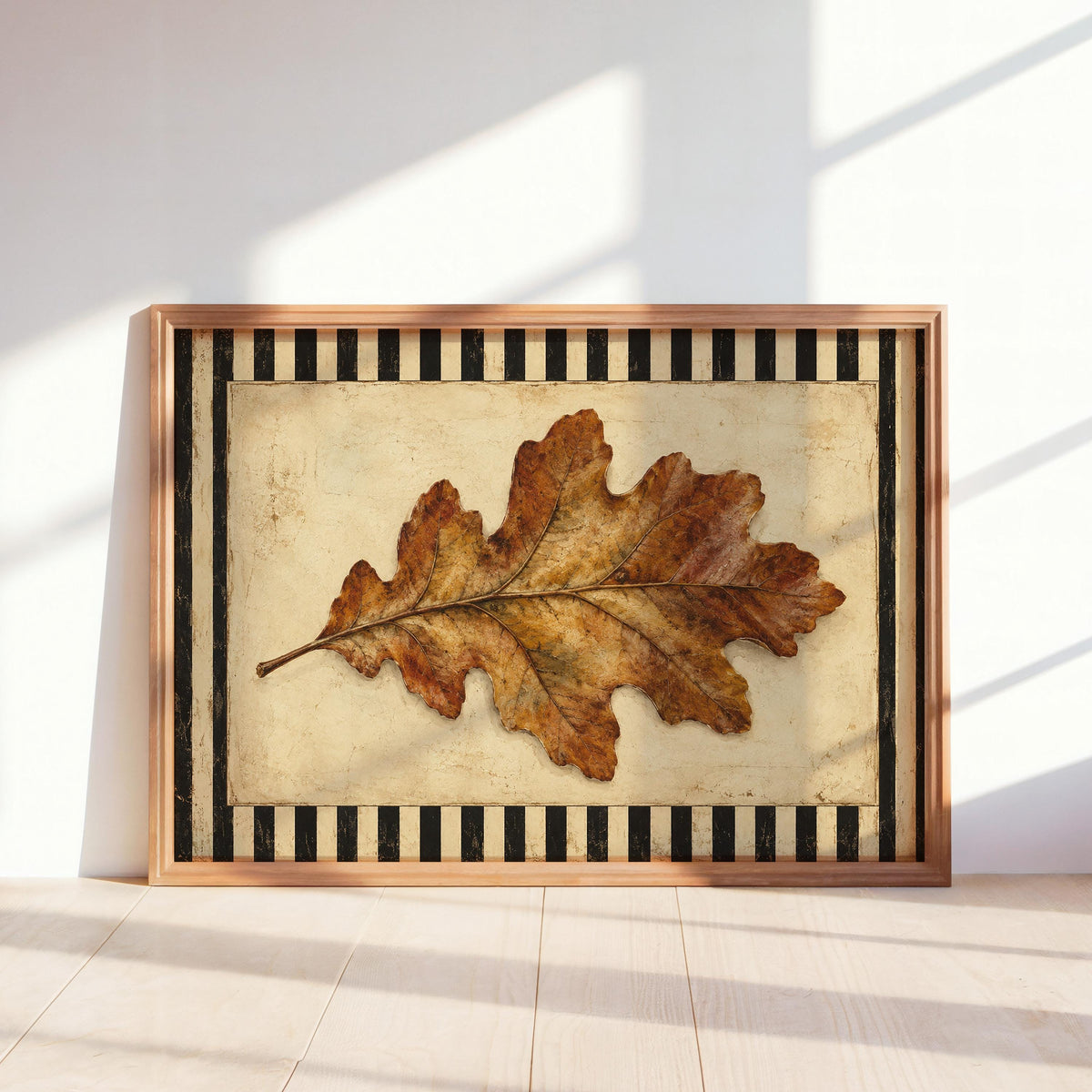 Autumn Oak Leaf Print, Rustic Retro Wall Art, Antique Botanical Poster, Black & White Striped Decor, Farmhouse Fall Gift